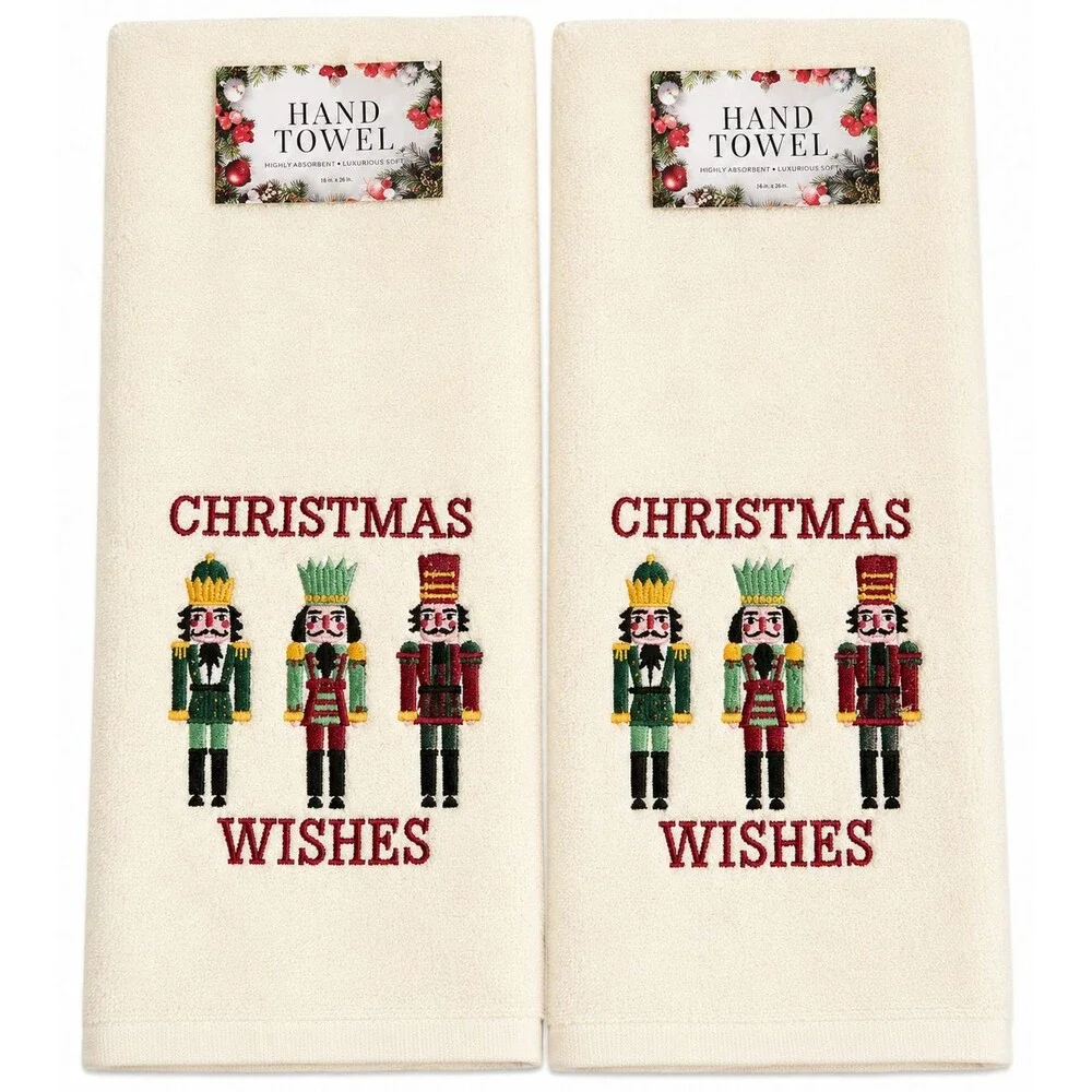 Christmas Nutcracker Hand Towels Set of 2 Embroidered Christmas Wishes Ivory